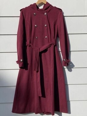 Double-Breasted Hooded Maxi Dress Coat in Burgundy